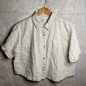 Athleta Retreat Shirt Womens L Beige 100% Linen Undyed Cropped Button Up Boxy